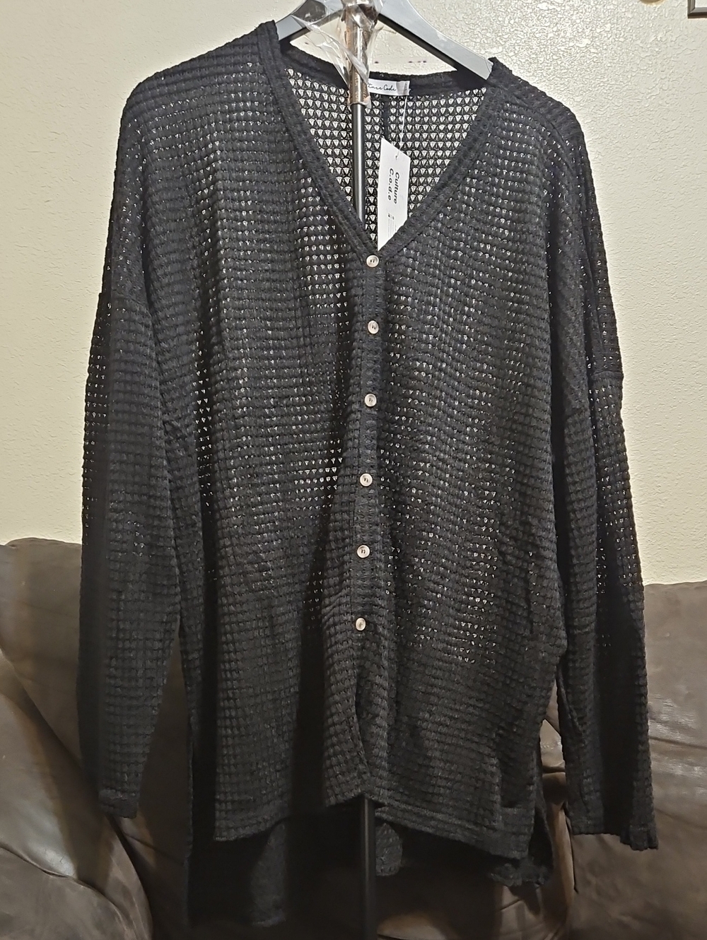 Lightweight Black Open-Knit Button Cardigan